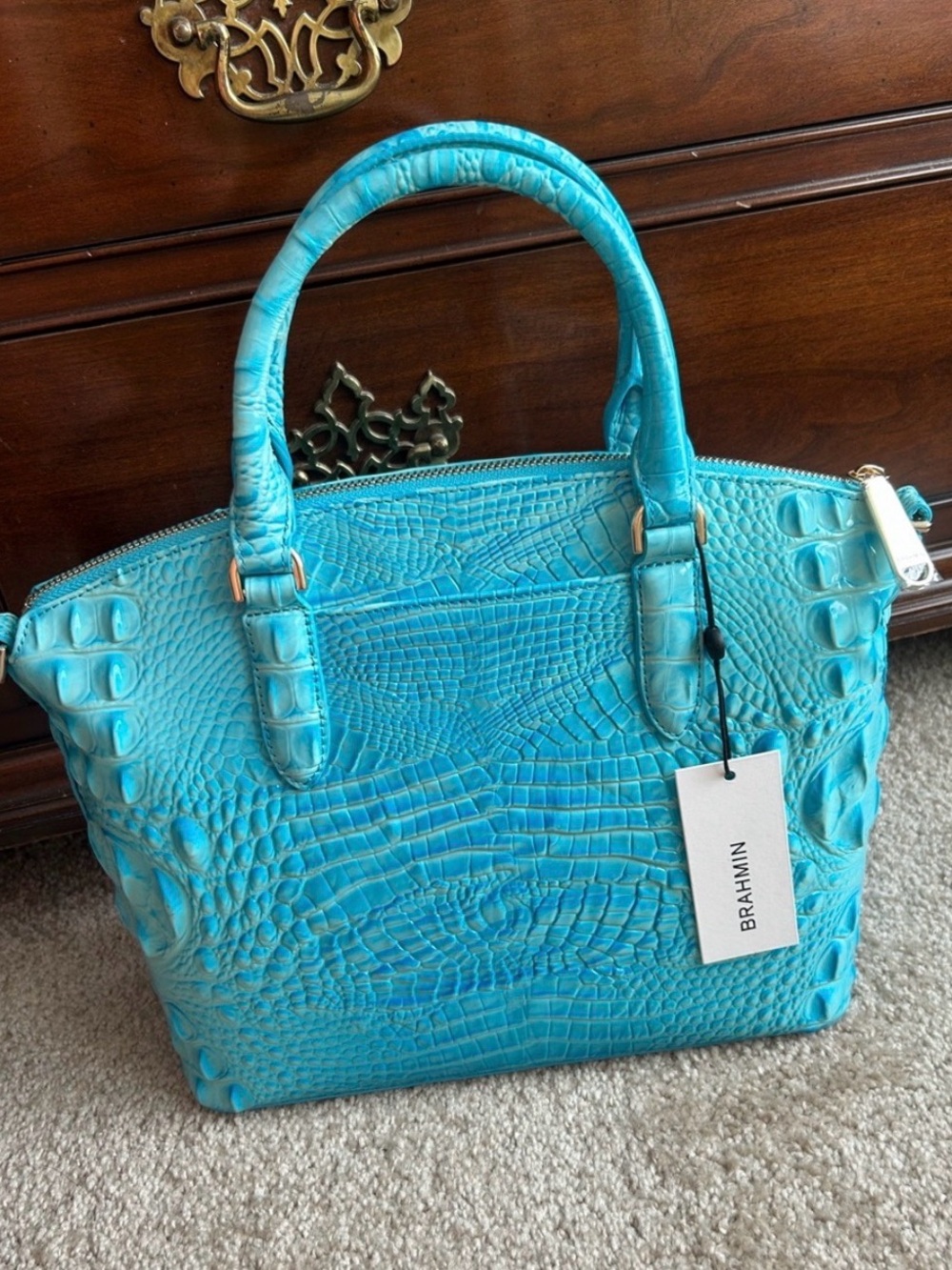 Brahmin Turquoise Croc-Embossed Satchel - Picture 2 of 4